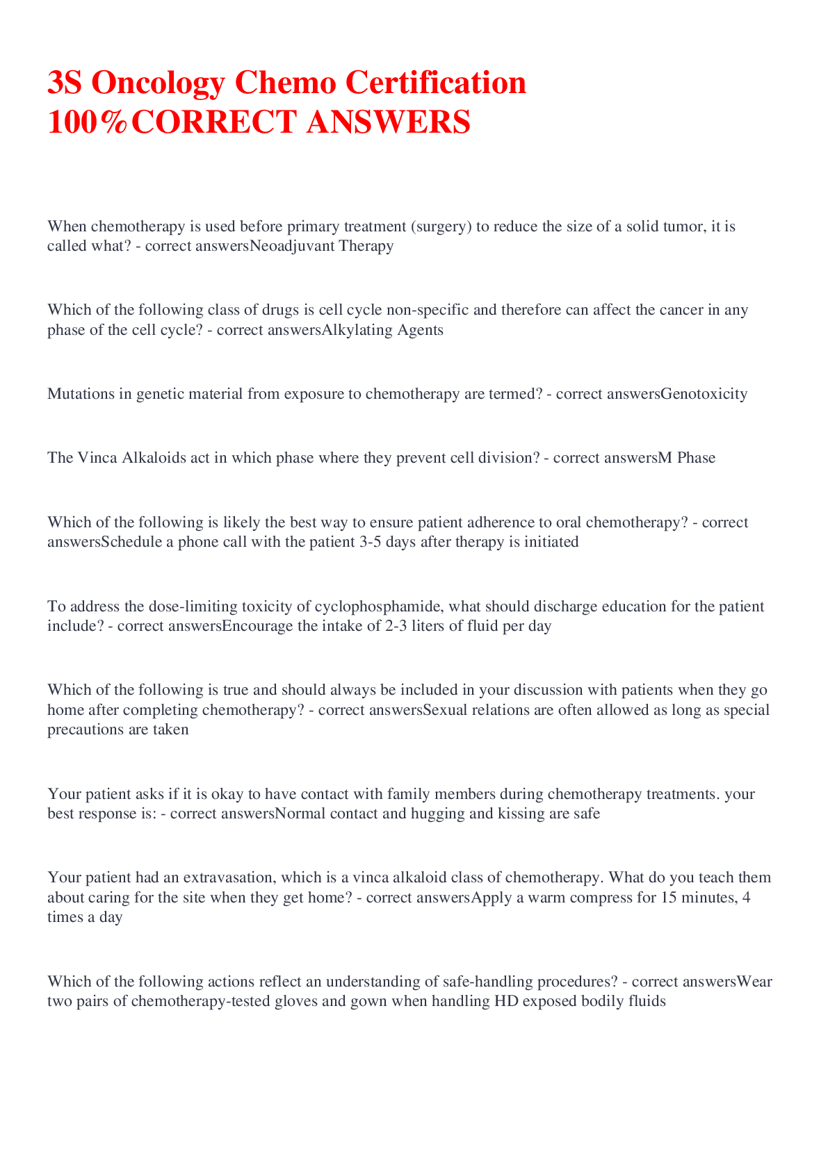 Preview image for 3S Oncology Chemo Certification 100%CORRECT ANSWERS